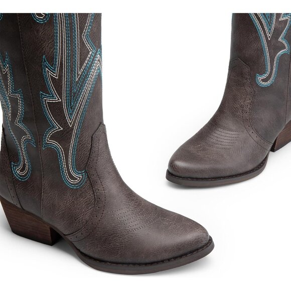 Womens Faux Leather Brown Embroidered Side Zipper Chunky Heel Retro Tall Boot - Picture 9 of 9